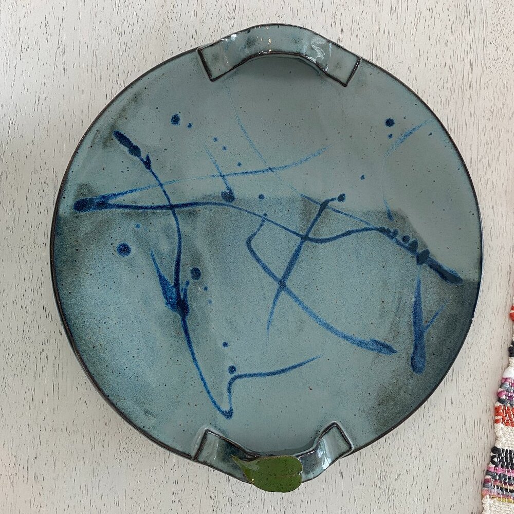 Studio PotteryHand-Formed Handled Platter Serving Tray Signed  Blue Green Glaze
